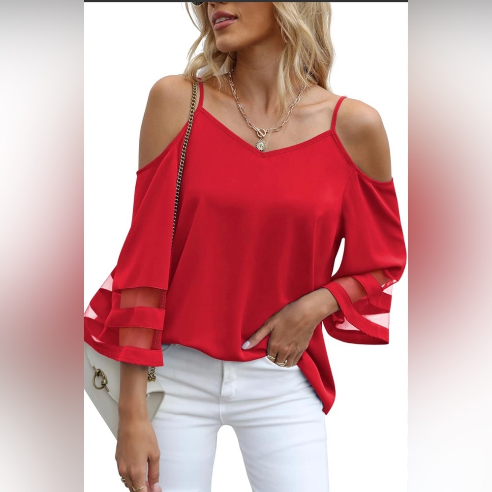 Cold-Shoulder V-Neck Blouse in Red with Sheer Sleeve Stripes